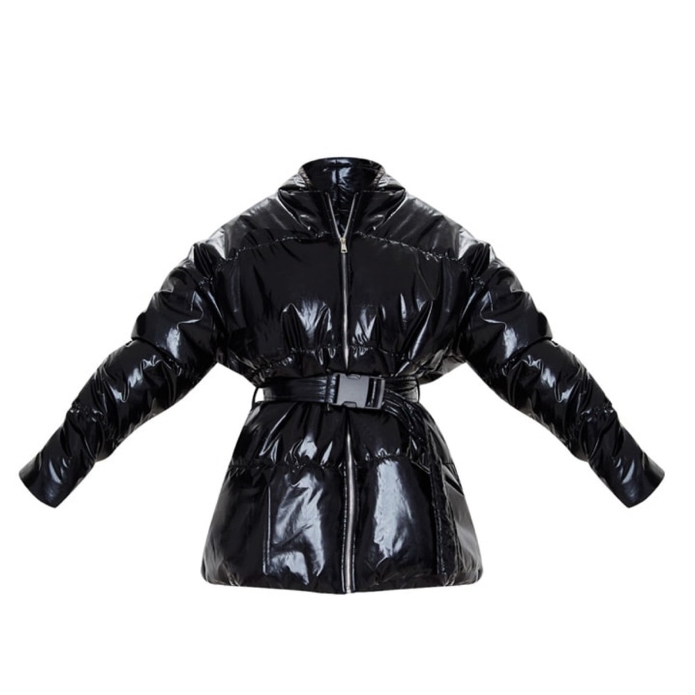 PLT Black High Shine Hooded Belted Puffer Jacket